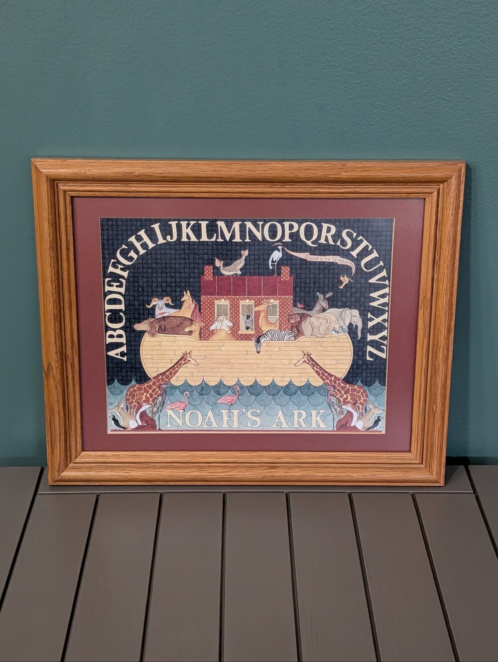 Vintage(1990) Ellen Stouffer ~ Noah's Ark Framed Wall Art With ABC Border - Picture 1 of 12